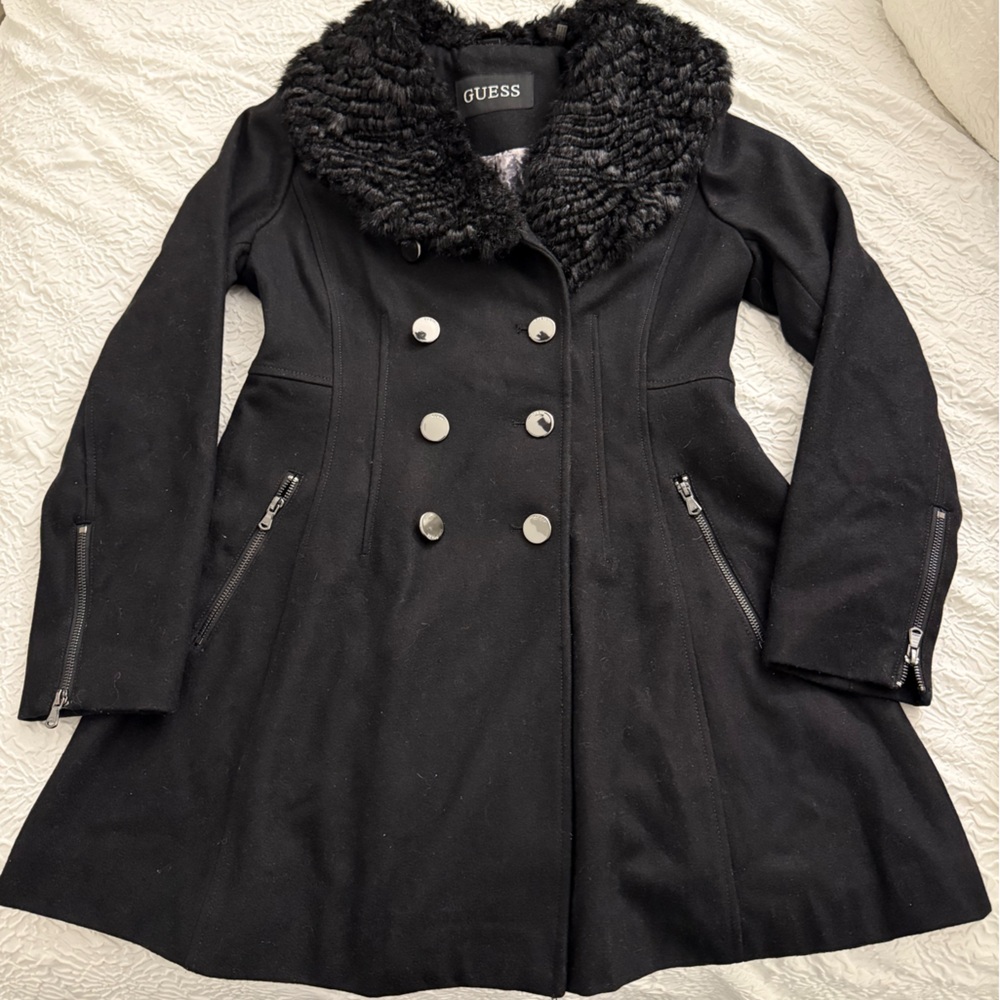 GUESS Women's Black Pea Coat with Faux Fur Collar